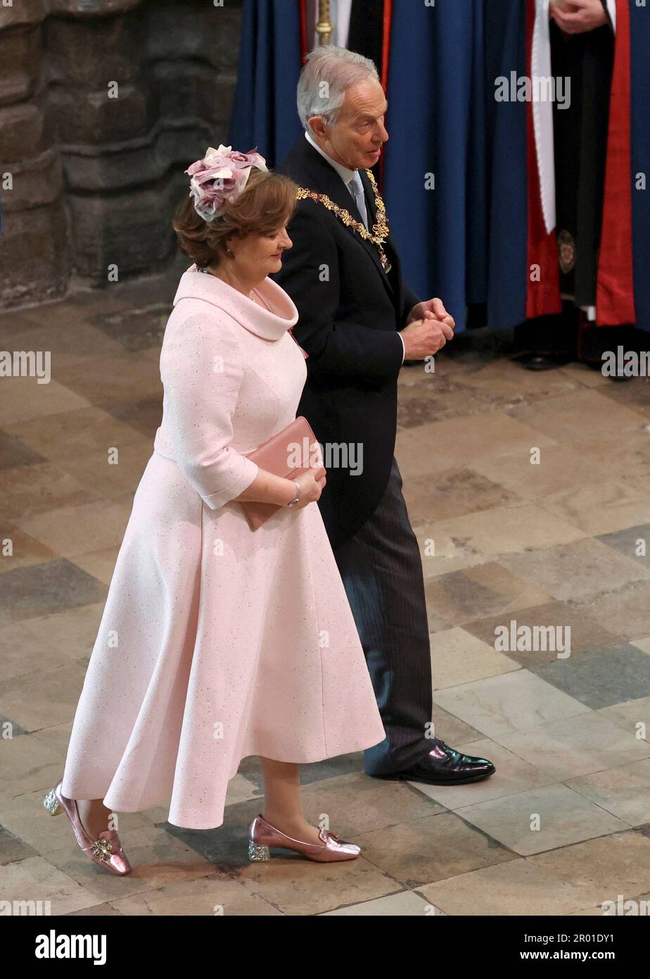 Former Prime Minister Tony Blair and his wife Cherie Blair arrive to attend Britain's King Charles III and Queen Consort Camilla's coronation ceremony, at Westminster Abbey, in London, Saturday, May 6, 2023. (Phil Noble/Pool Photo via AP) Stock Photo
