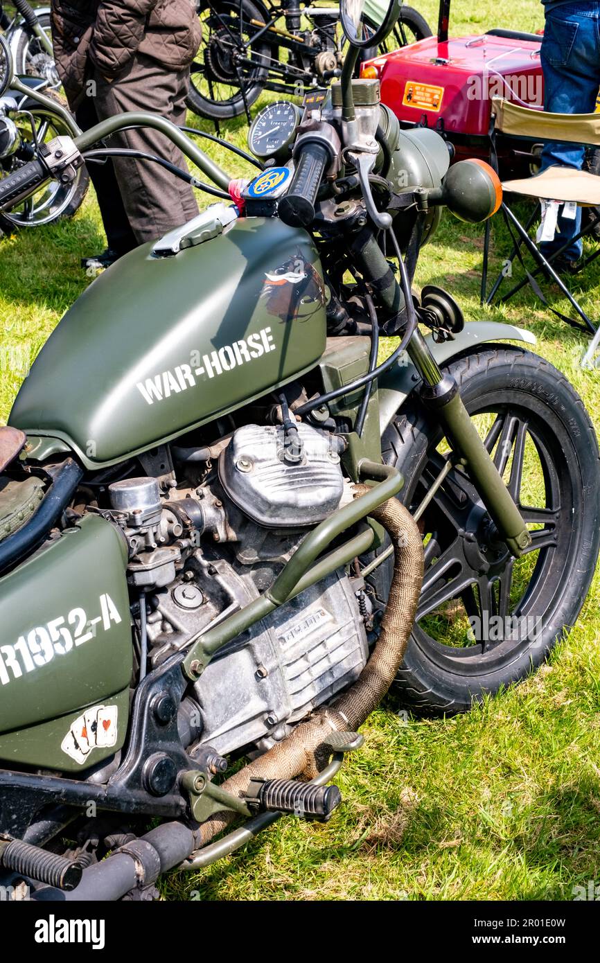 Earsham, Norfolk, UK – April 30 2023. Fully restored WW2 military motorcycle on display at a small and local outdoor auto show Stock Photo