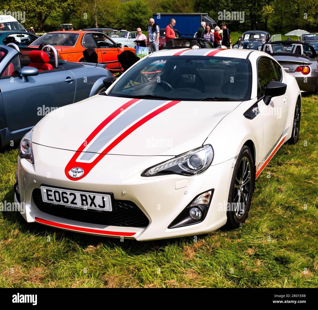 Earsham, Norfolk, UK – April 30 2023. Toyota GT86 sports car with its bonnet raised to show the engine on display at a small and local outdoor car sho Stock Photo