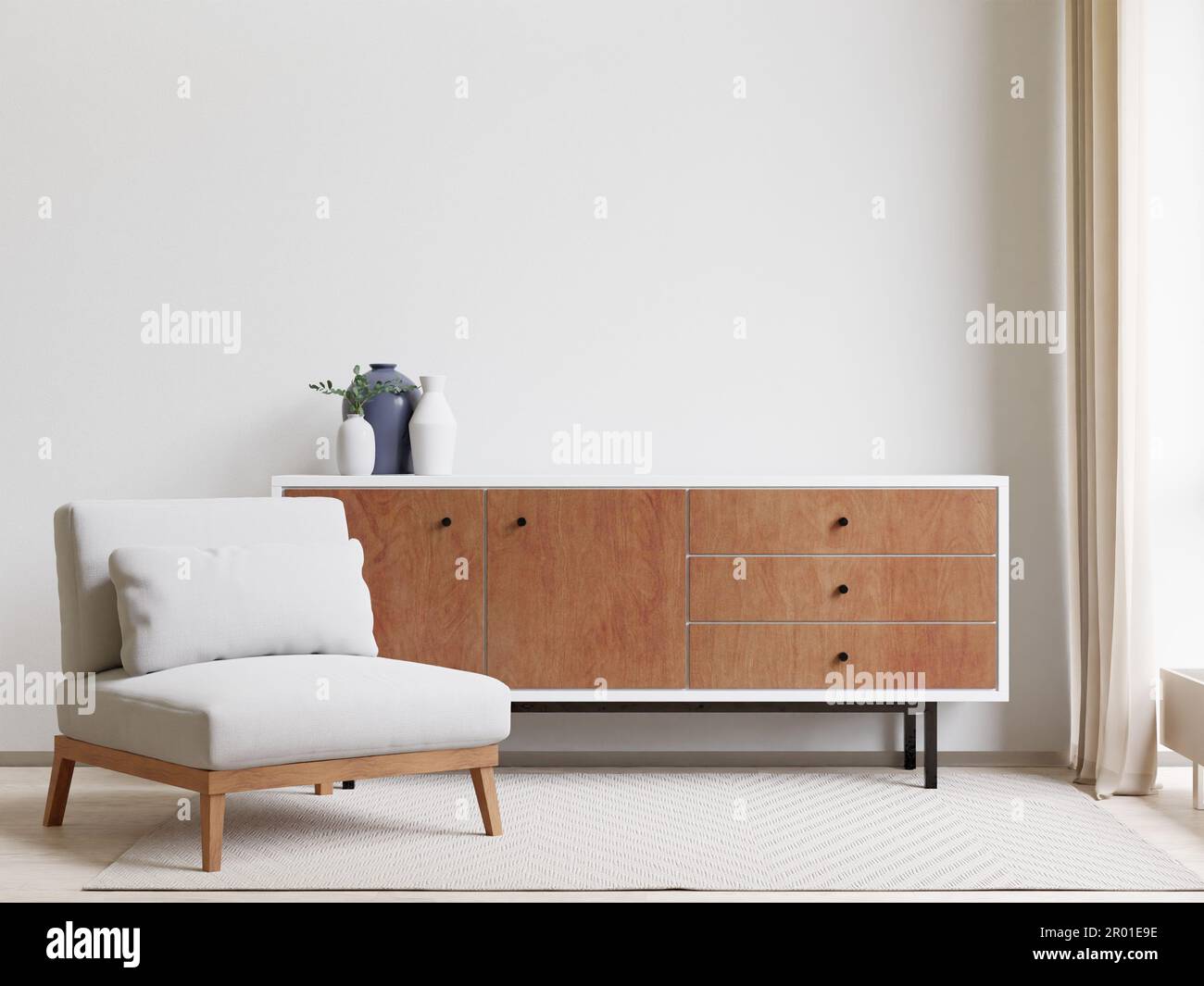 A 3D rendering of a modern living room with a contemporary armchair ...