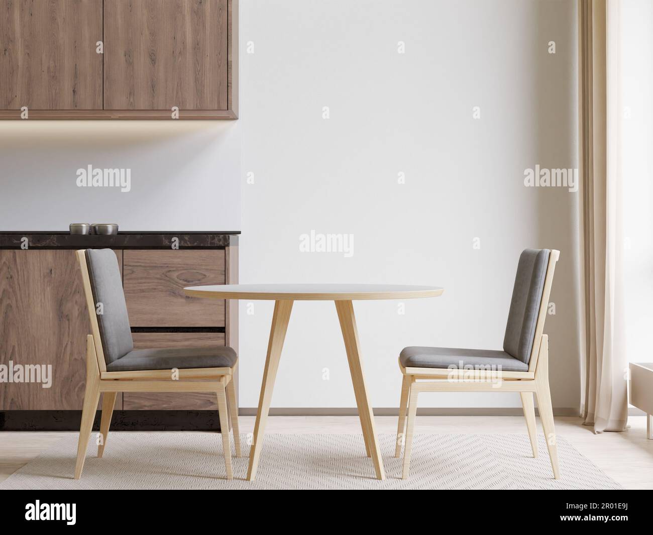 Round Table Rendering A 3D rendering of a round table with two chairs in a modern dining room ...