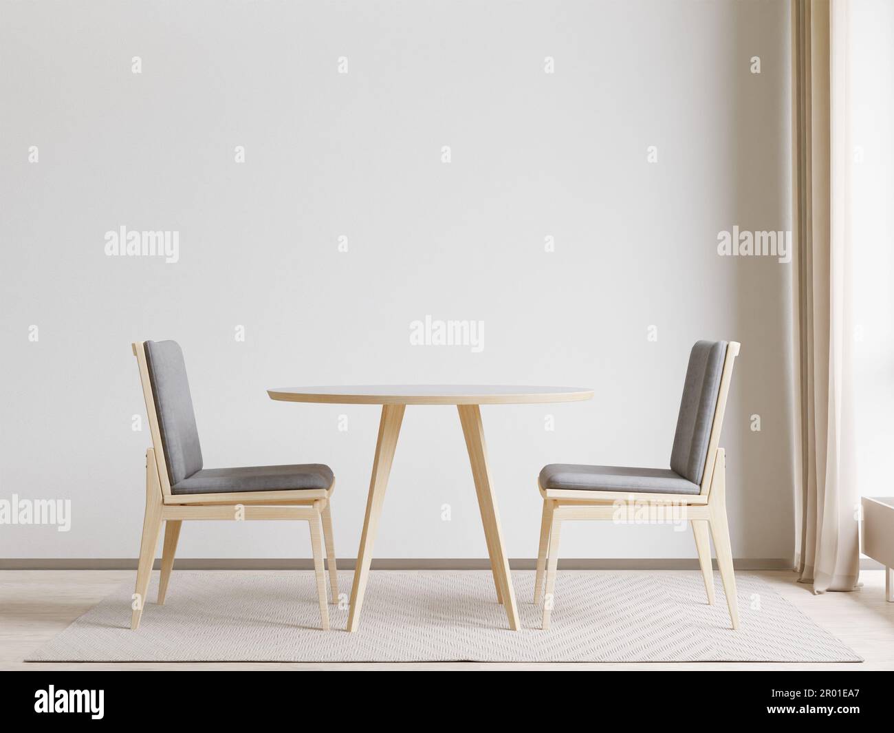 Round Table Rendering A 3D rendering of a round table with two chairs in a modern dining room ...
