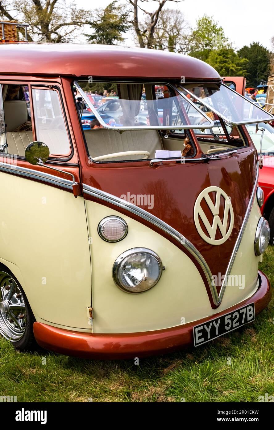 Earsham, Norfolk, UK – April 30 2023. Close up of the front end of a classic split screen VW campervan on display at a small and local outdoor car sho Stock Photo
