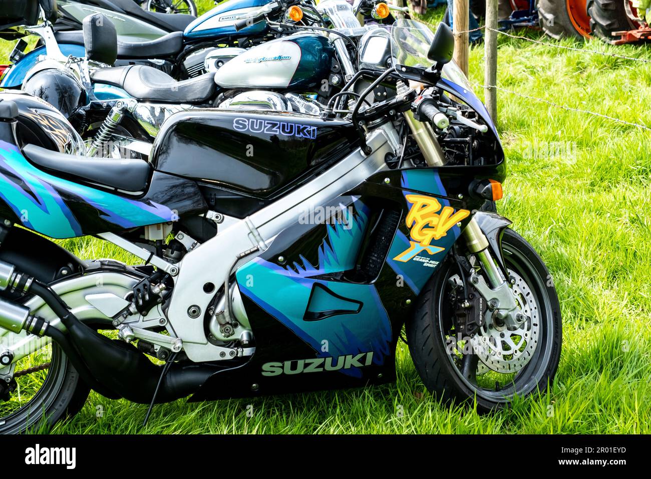 Earsham, Norfolk, UK – April 30 2023. Classic Suzuki RGV250 2 stroke race replica sports bike Stock Photo