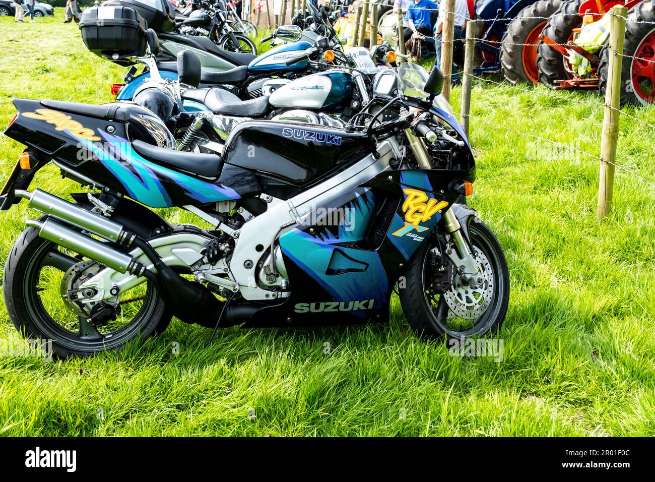 Earsham, Norfolk, UK – April 30 2023. Classic Suzuki RGV250 2 stroke race replica sports bike Stock Photo