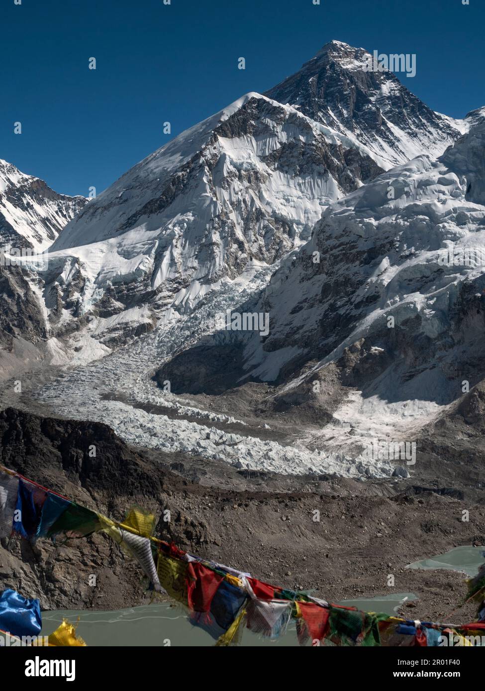 Nepal. View of Everest, Khumbu glacire and buddhist prayer flags  from Kala Pattar. Stock Photo