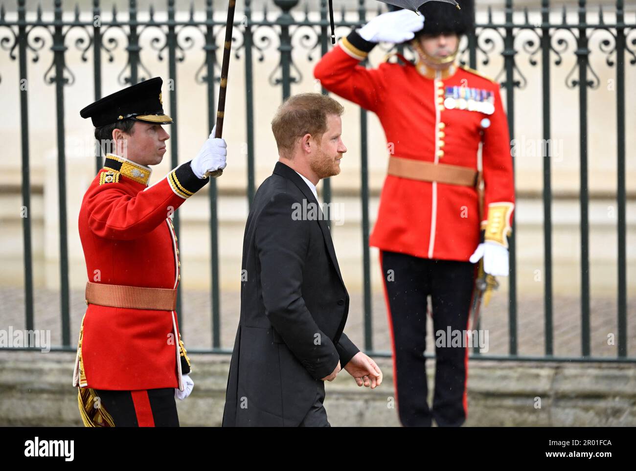 The Duke of Sussex arriving ahead of the coronation ceremony of King Charles III and Queen Camilla at Westminster Abbey, London. Picture date: Saturday May 6, 2023. Stock Photo