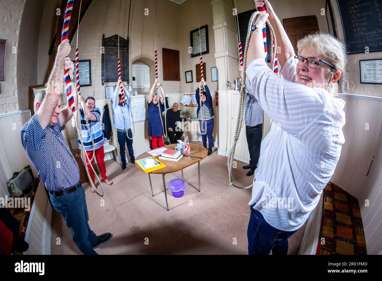 Old Hill, West Midlands, UK. 6th May, 2023. Bellringers at the Holy Trinity church in Old Hill, in the heart of the Black Country, West Midlands, ring out the bells proudly on the morning of King Charles III coronation. Credit: Peter Lopeman/Alamy Live News Stock Photo
