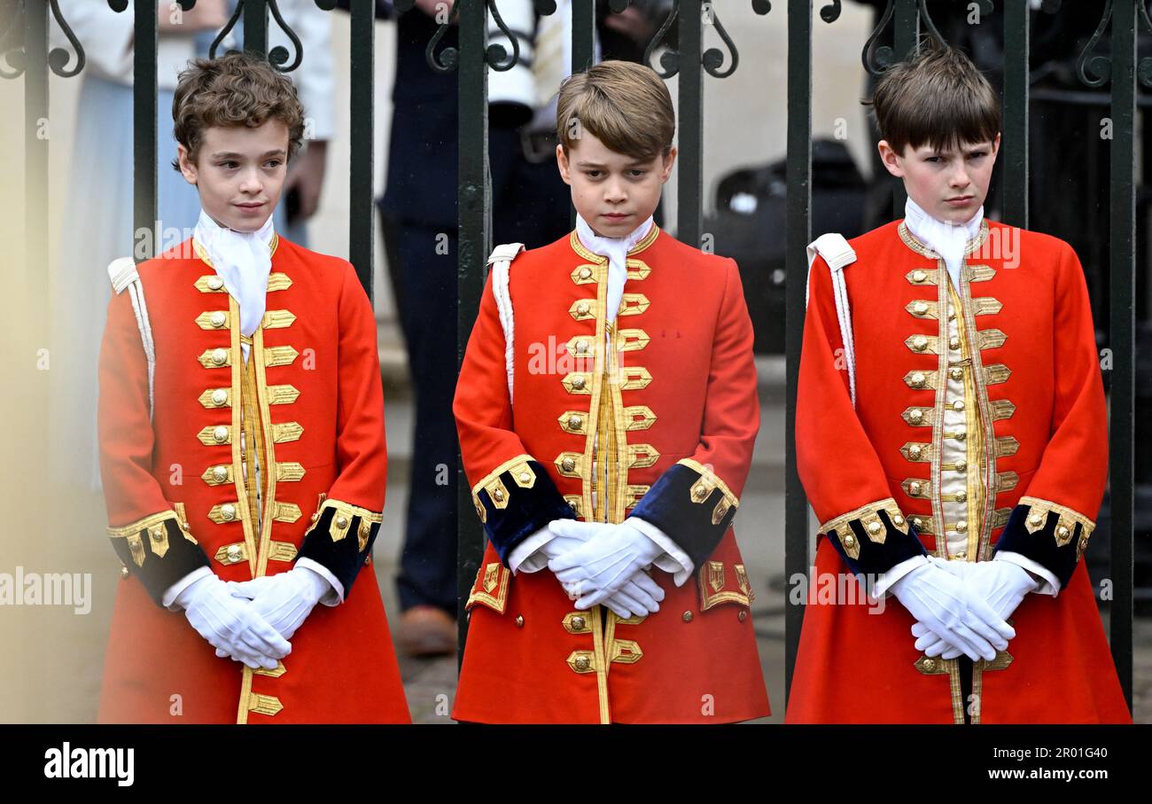 Prince George (centre) ahead of the coronation ceremony of King Charles III and Queen Camilla at Westminster Abbey, London. Picture date: Saturday May 6, 2023. Stock Photo