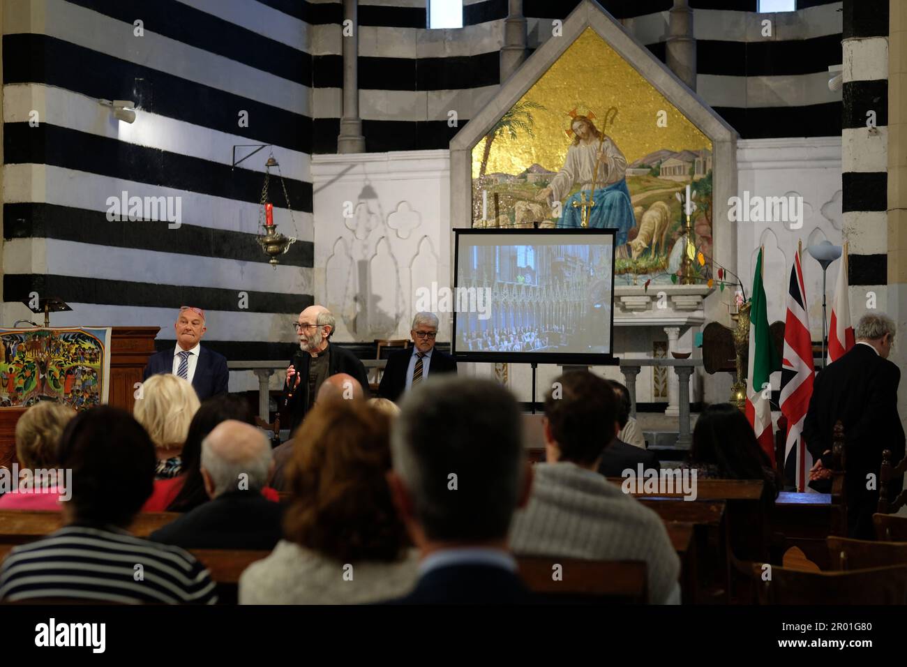 Genoa, Italy. 6th May, 2023. The Anglican English-speaking community in Genoa attend an event to celebrate the Coronation of Charles III and Camilla from The Church of the Holy Ghost (Chiesa dello Spirito Santo) in Genoa, Italy.   Laura Gaggero/Alamy Live News Stock Photo
