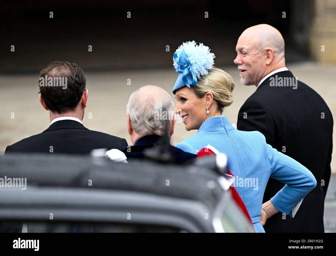 Zara Tindall (second from right) and Mike Tindall (far right) arriving ahead of the coronation ceremony of King Charles III and Queen Camilla at Westminster Abbey, London. Picture date: Saturday May 6, 2023. Stock Photo