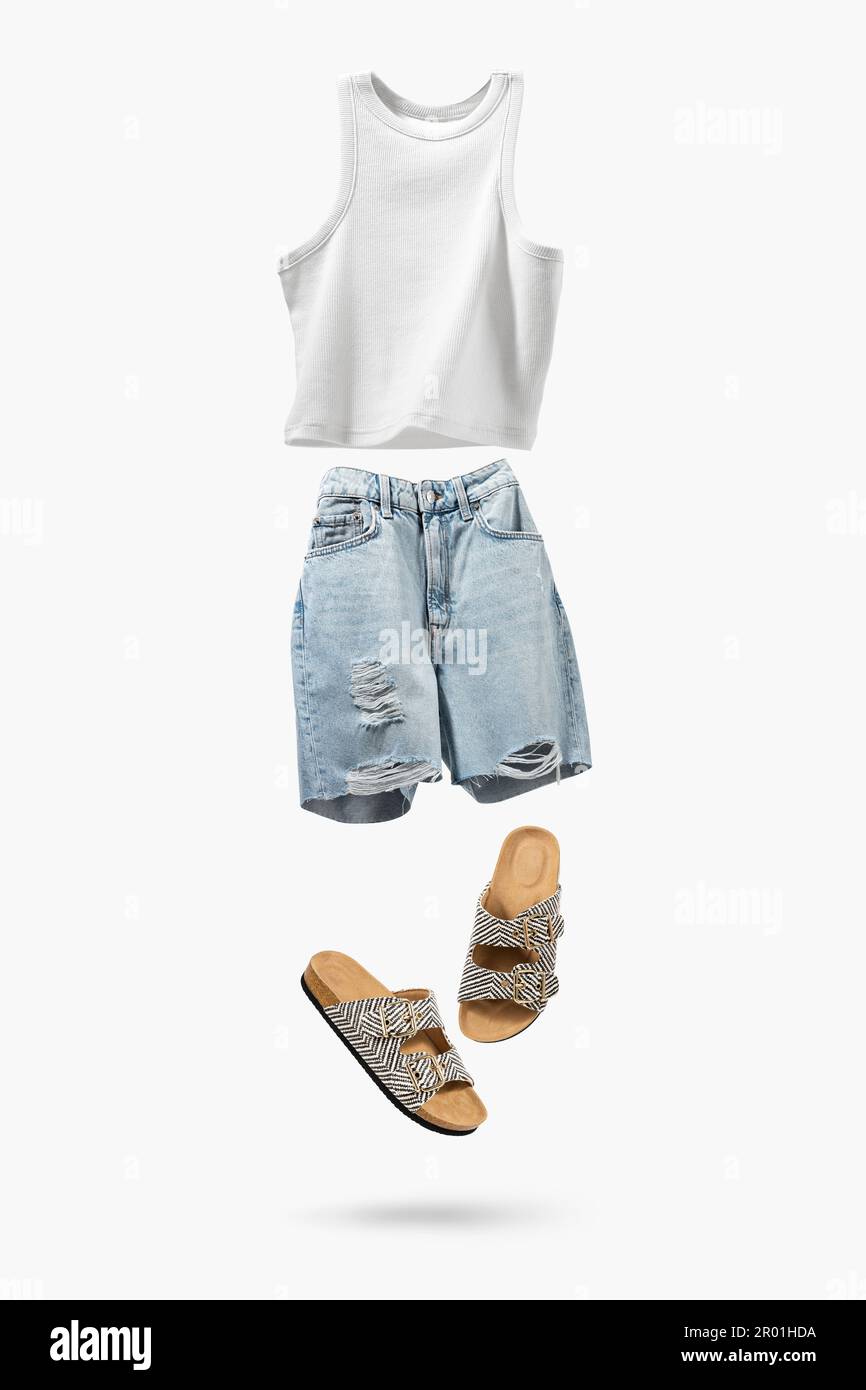 Trendy flying cotton tank top, blue jeans shorts, vegan cork sandals