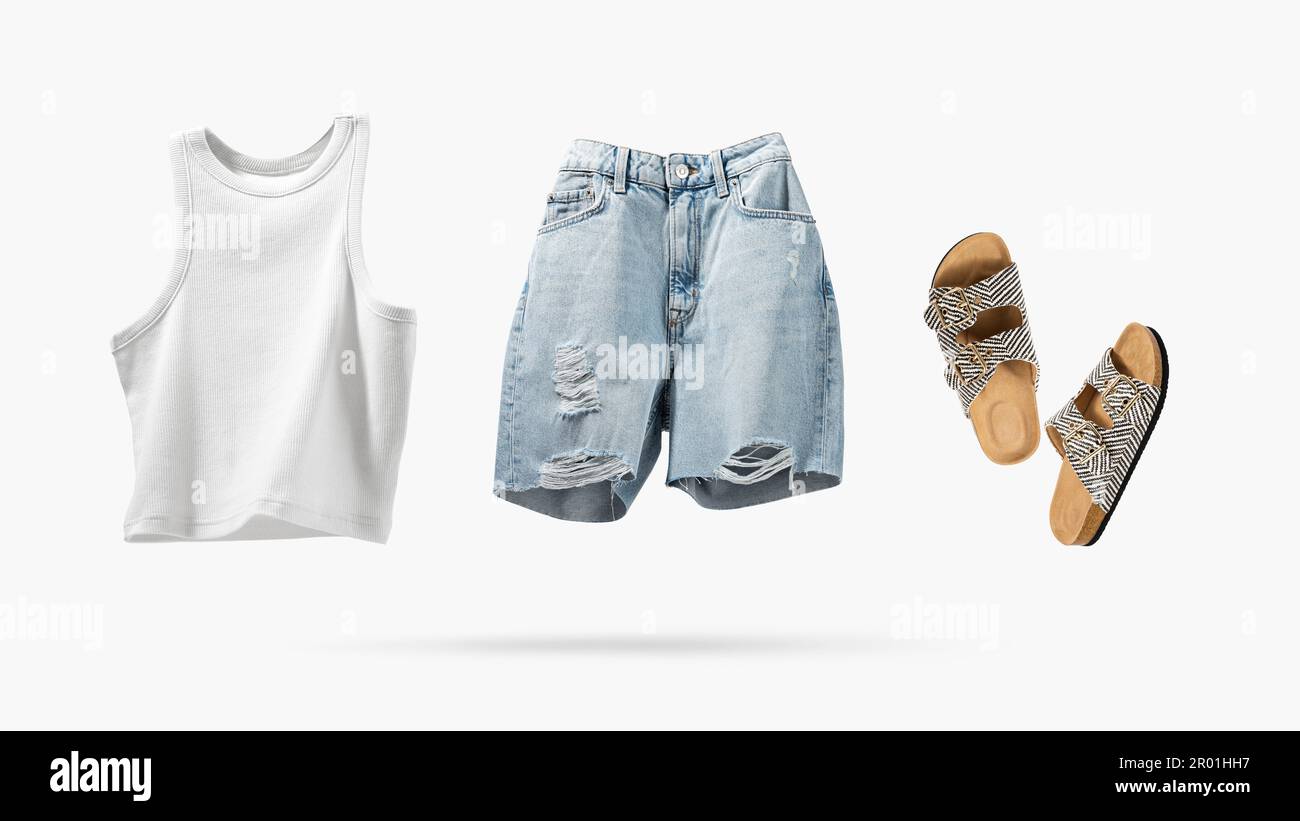 Trendy flying cotton tank top, blue jeans shorts, vegan cork sandals