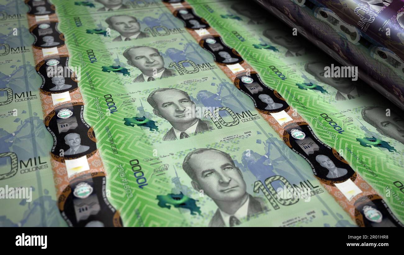 Costa Rican Colon money printing 3d illustration. 10000 CRC banknote