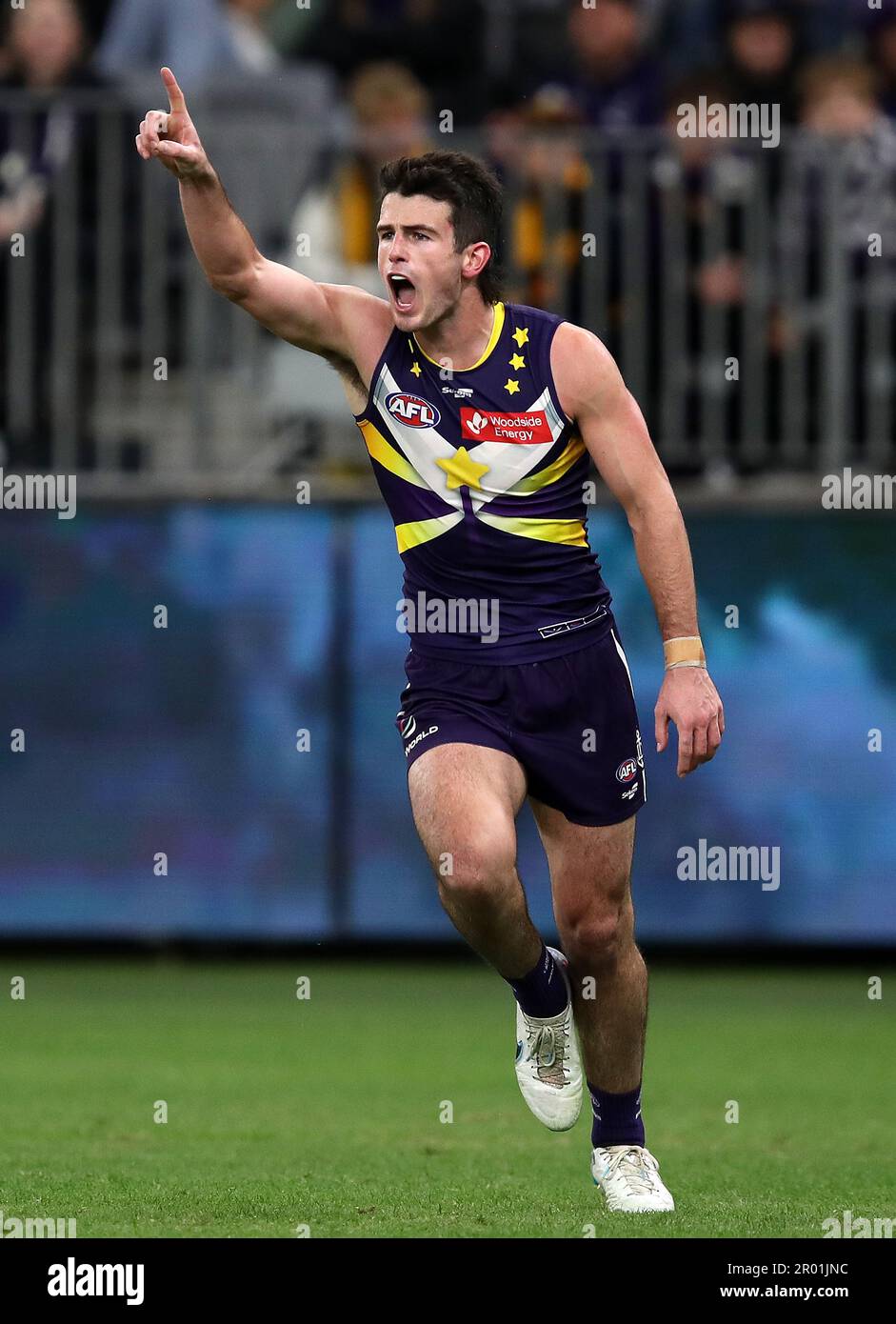 Andrew Brayshaw of the Dockers celebrates kicking a goal during the AFL ...