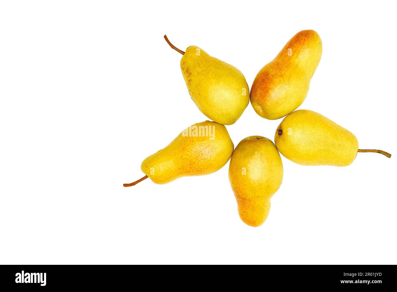 Dainty dessert. Five yellow ripe sweet pears isolated on white Stock Photo