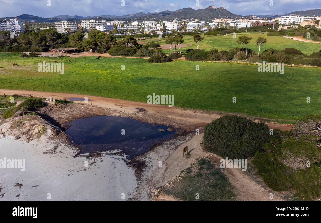 place of the mass grave of the dead republican militiamen, Sa Coma beach, Son Servera, Majorca, Balearic Islands, Spain. Stock Photo