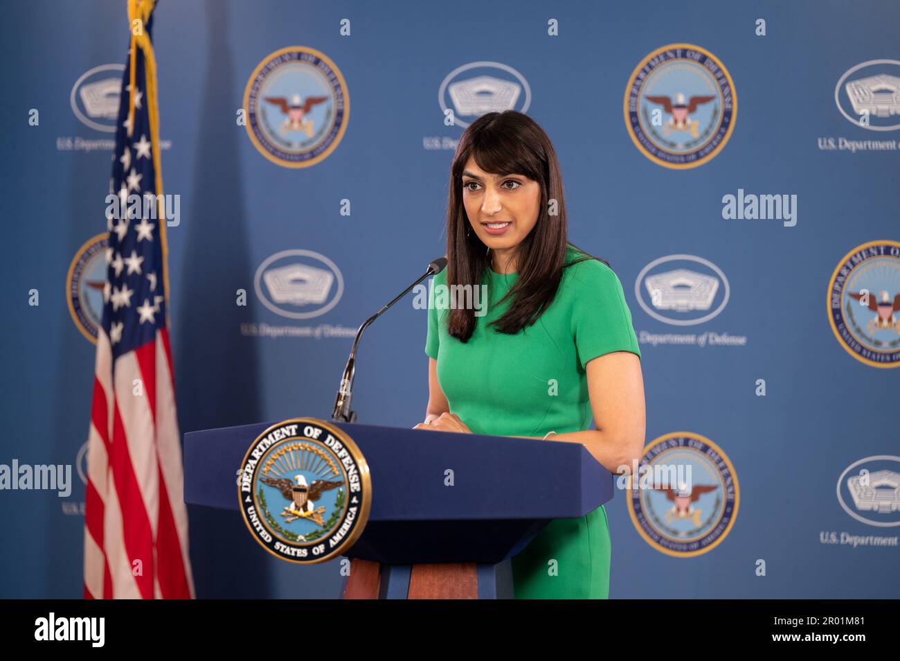 Arlington, United States of America. 04 May, 2023. Pentagon Deputy Press Secretary Sabrina Singh responds to a question from a reporter during a press briefing at the Pentagon, May 4, 2023 in Arlington, Virginia.  Credit: Joseph Clark/DOD/Alamy Live News Stock Photo