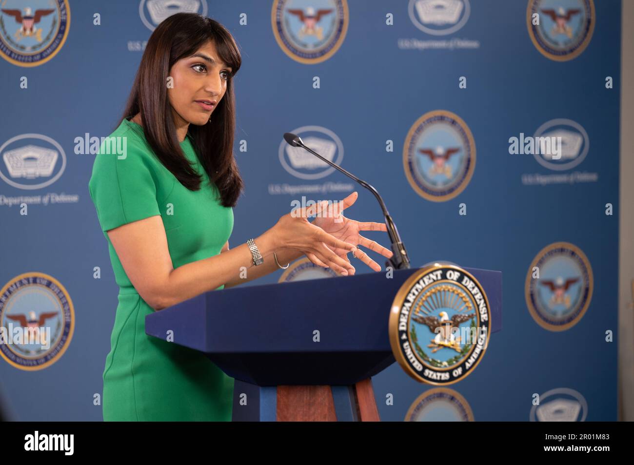 Arlington, United States of America. 04 May, 2023. Pentagon Deputy Press Secretary Sabrina Singh responds to a question from a reporter during a press briefing at the Pentagon, May 4, 2023 in Arlington, Virginia.  Credit: Joseph Clark/DOD/Alamy Live News Stock Photo
