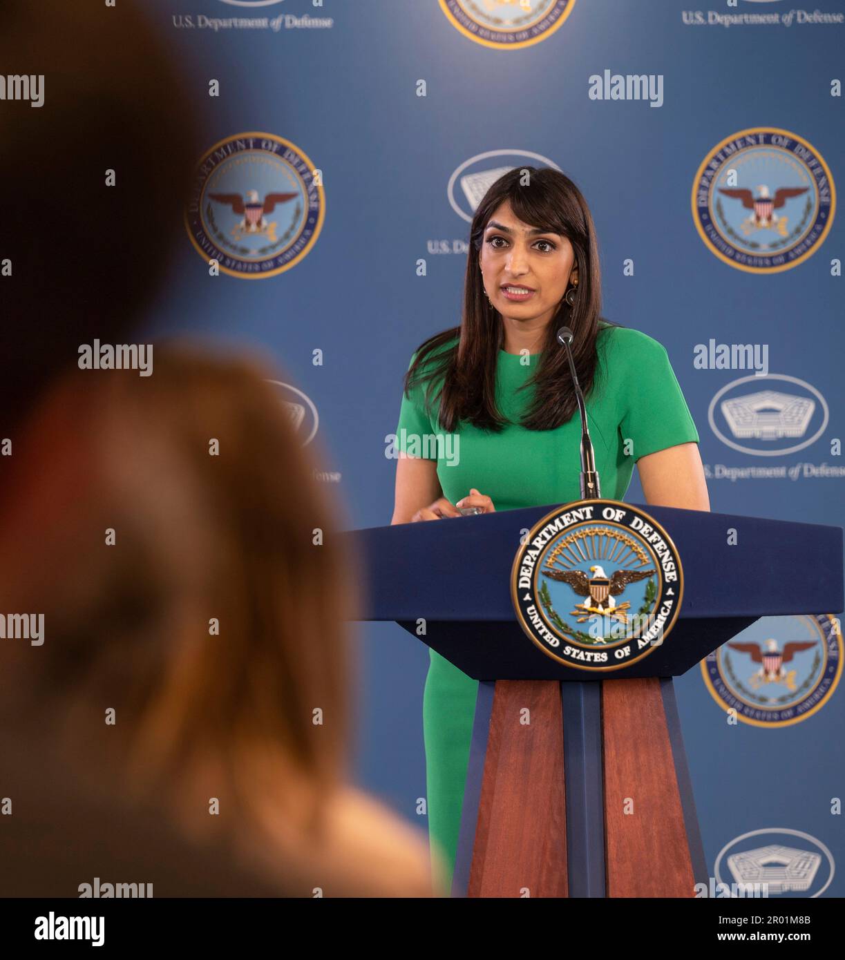 Arlington, United States of America. 04 May, 2023. Pentagon Deputy Press Secretary Sabrina Singh responds to a question from a reporter during a press briefing at the Pentagon, May 4, 2023 in Arlington, Virginia.  Credit: Joseph Clark/DOD/Alamy Live News Stock Photo