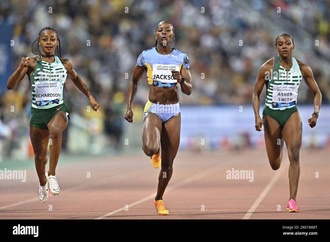 Doha, Qatar. 5th May, 2023. Sha'Carri Richardson (L) of the United