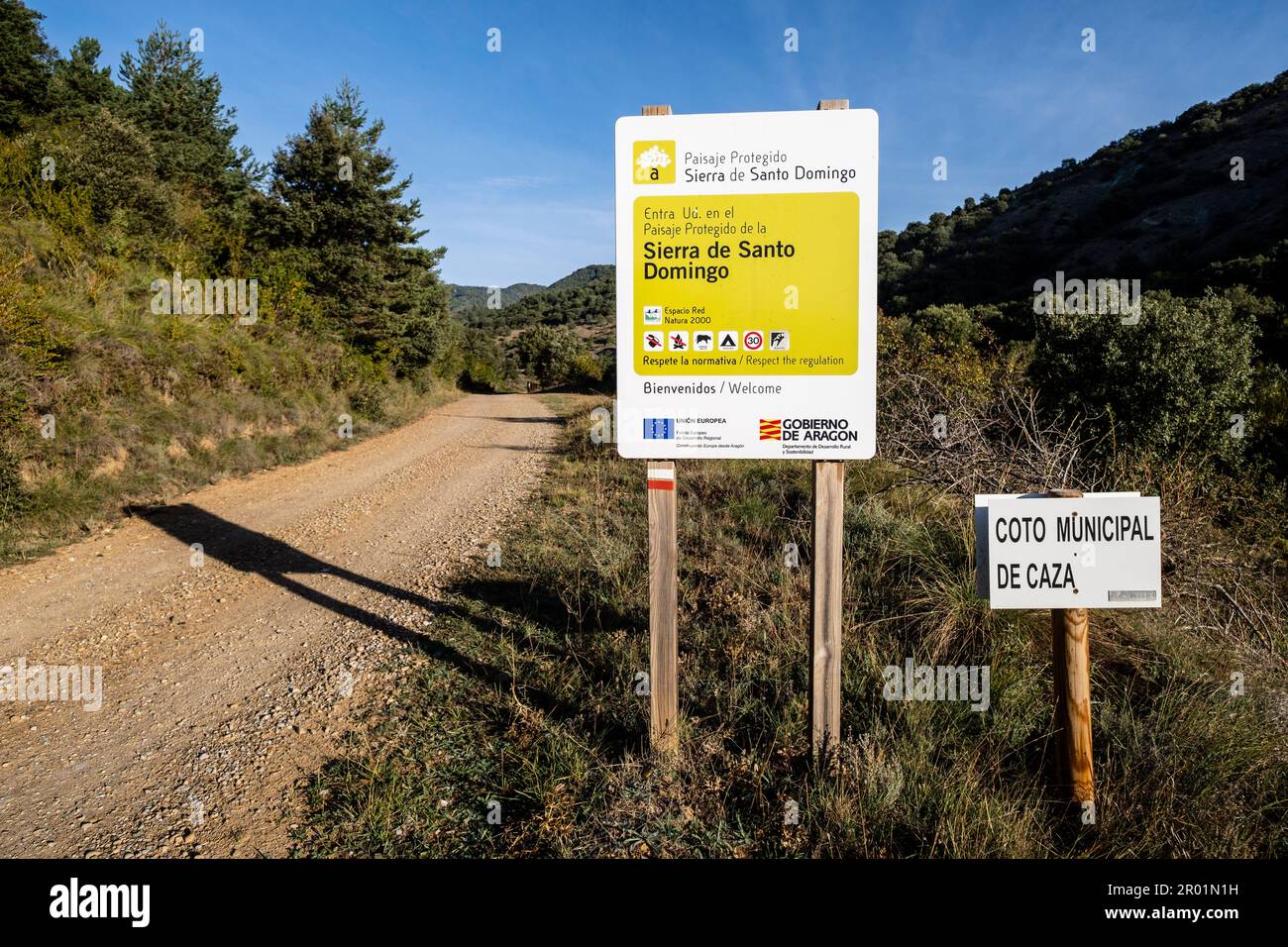 Sierra de Santo Domingo protected landscape, informative sign, Biel, Cinco Villas, Aragon, Spain. Stock Photo