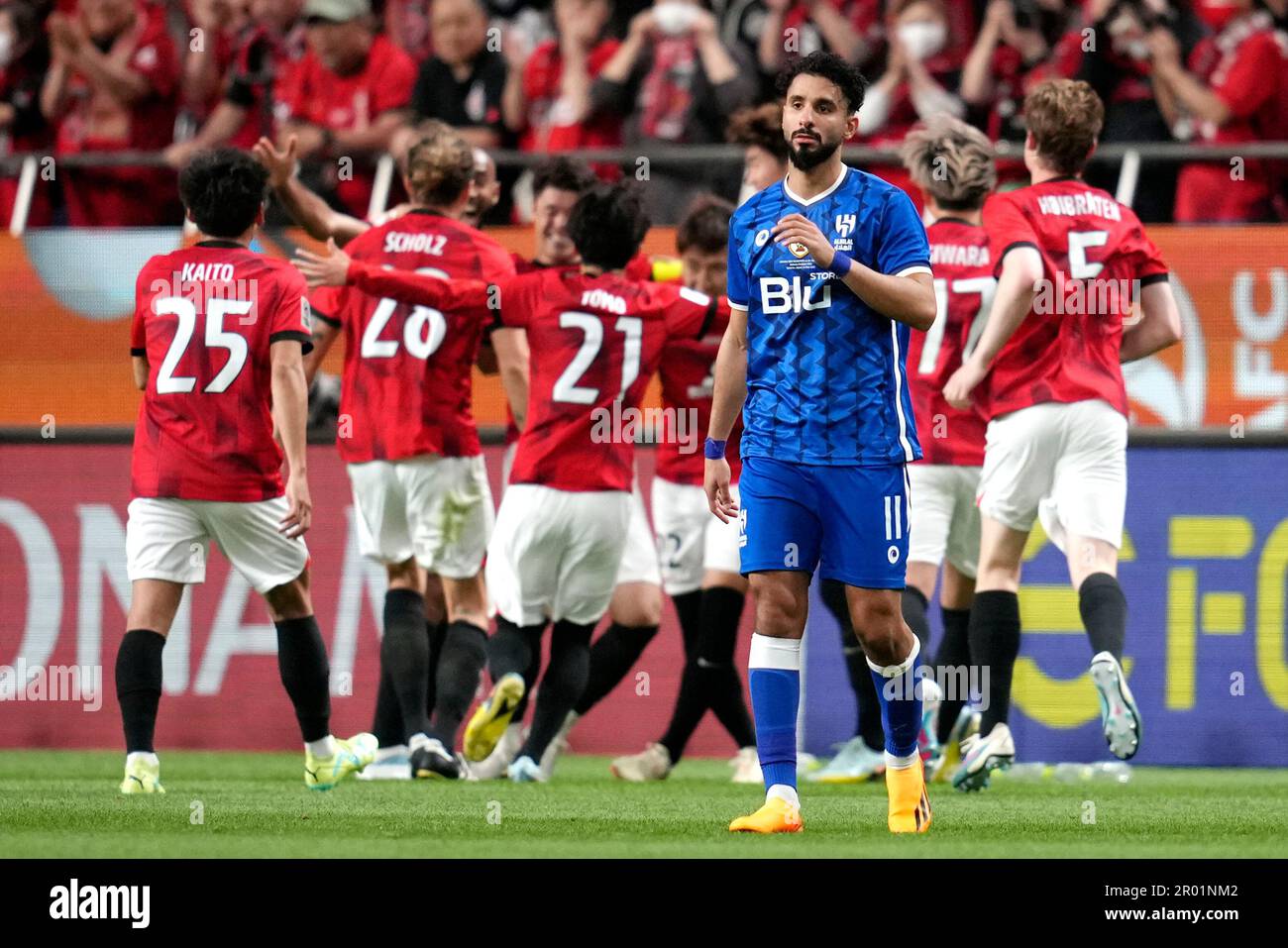 Players of Saudi Arabia's Al Hilal react after their team was defeated by  Japan's Urawa Red Diamonds after the AFC Champions League final match at  Saitama Stadium in Saitama, near Tokyo, Saturday