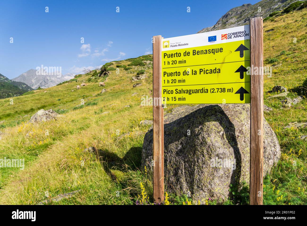 road sign post in Plan dEstan, Benasque Valley, Huesca, Pyrenean mountain range, Spain. Stock Photo