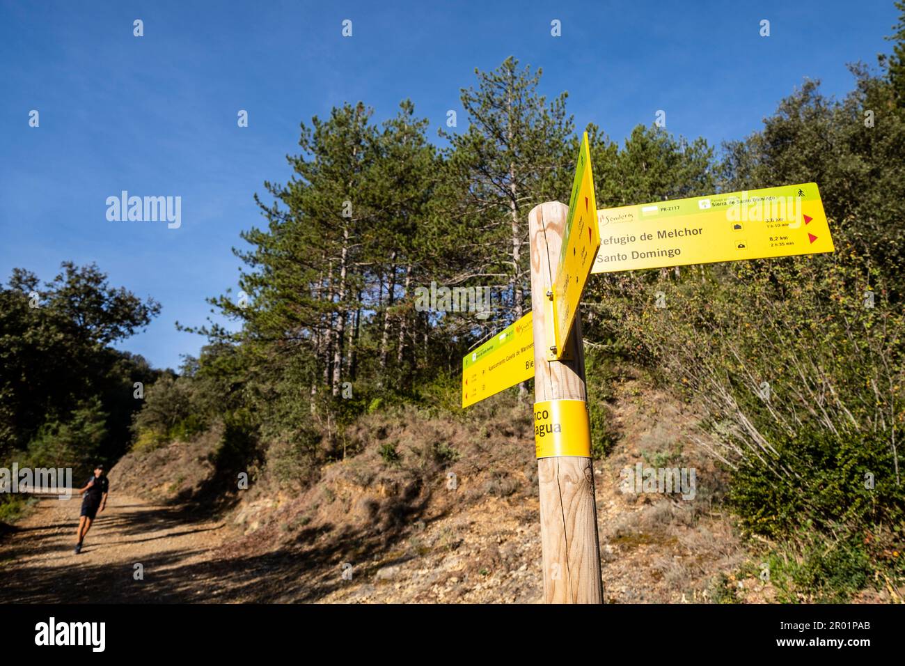 Sierra de Santo Domingo protected landscape, informative sign, Biel, Cinco Villas, Aragon, Spain. Stock Photo