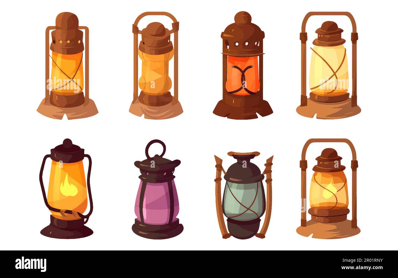 ui set vector illustration of kerosene lamp isolated on white background Stock Vector