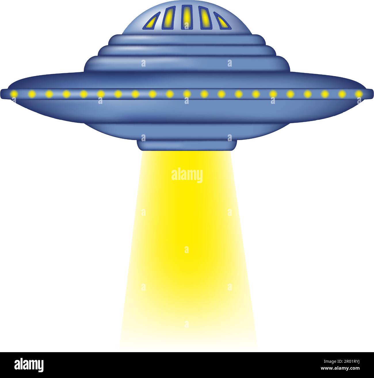 A UFO taking off emitting a powerful beam of light. Isolated alien spaceship with yellow light. Flying saucer 3d. Vector illustration. Stock Vector