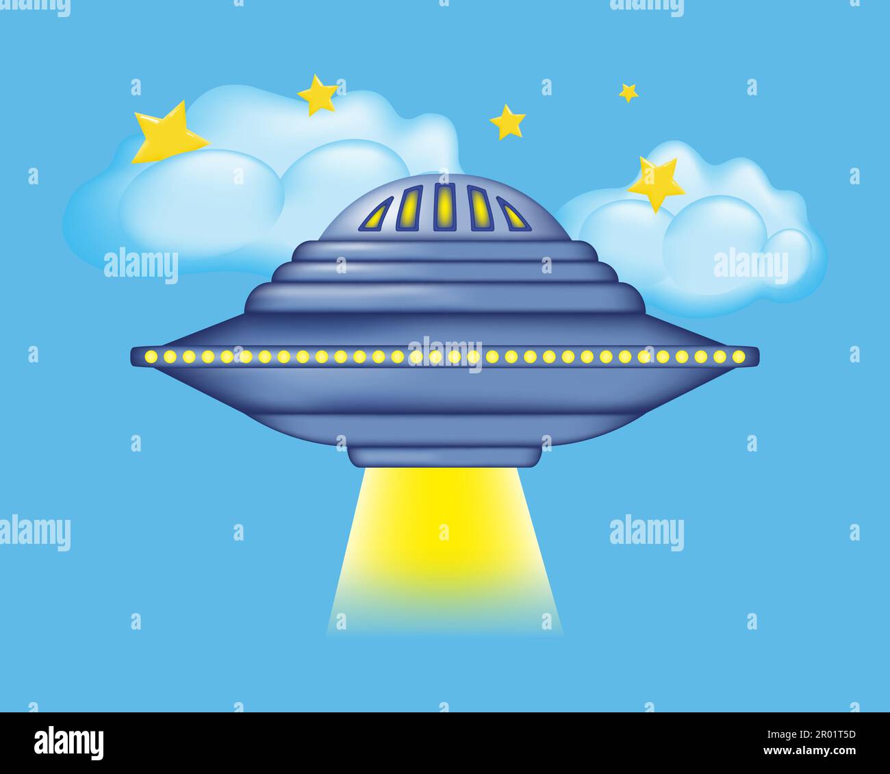 UFO on the background of clouds and stars 3d in cartoon style. A flying saucer with a yellow light takes off against the background of the starry sky. Stock Vector
