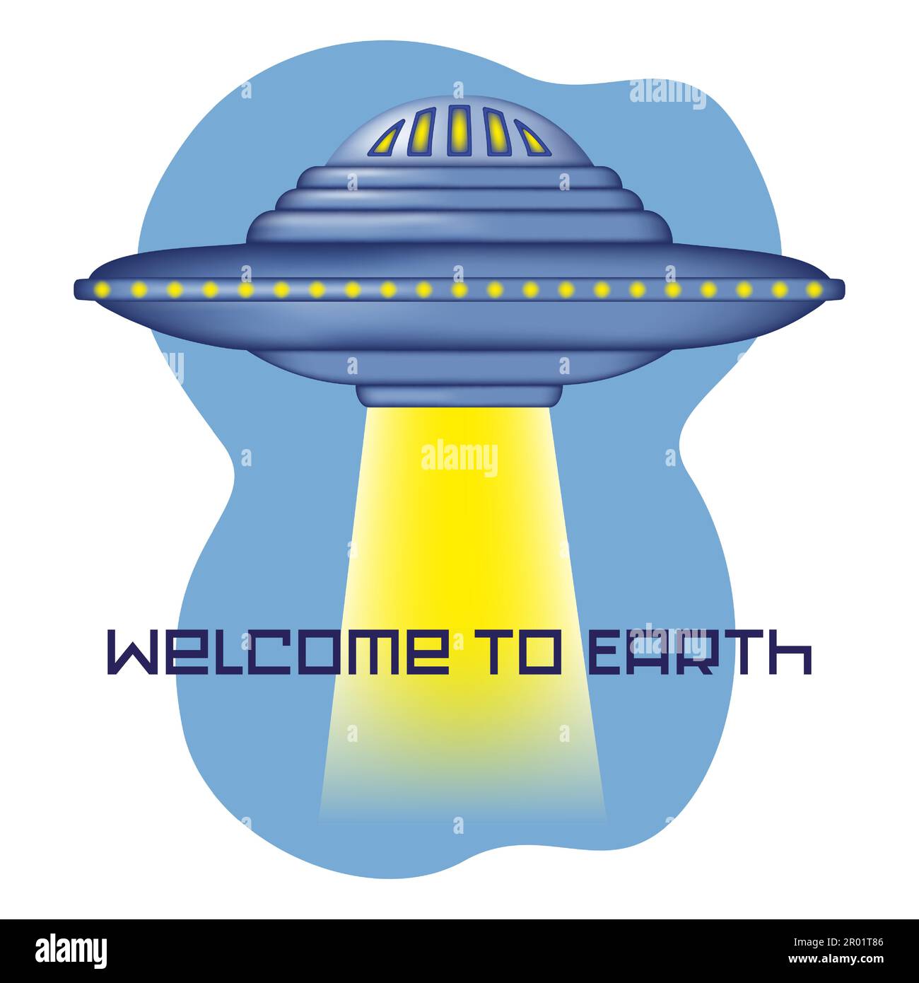 Celebrate World UFO Day and extend an extraterrestrial invitation with this vector illustration poster showcasing a UFO lifting off and shining a brig Stock Vector