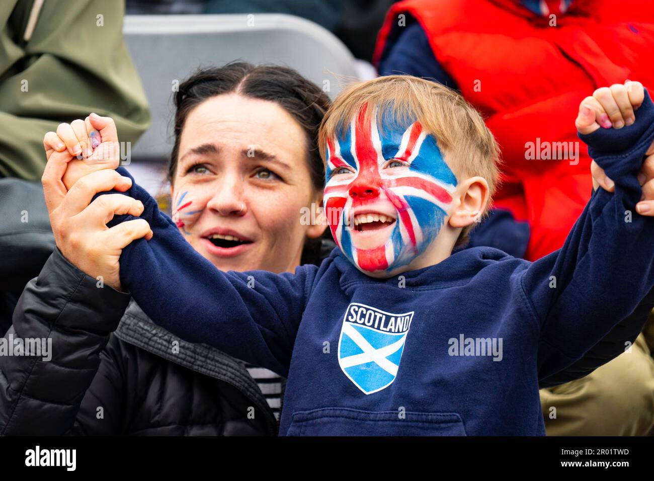 Edinburgh, Scotland, UK. 6 May 2023. Scenes from Edinburgh in West Princes Street Gardens on the day of Coronation of King Charles III. Young boy celebrates the crowning of King Charles III. Iain Masterton/Alamy Live News Stock Photo