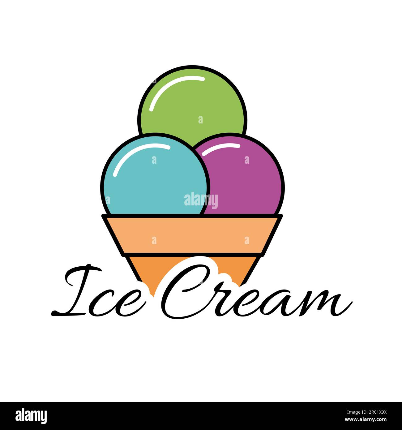 ice cream in the waffle cone. Vector flat outline icon. Cartoon style ...