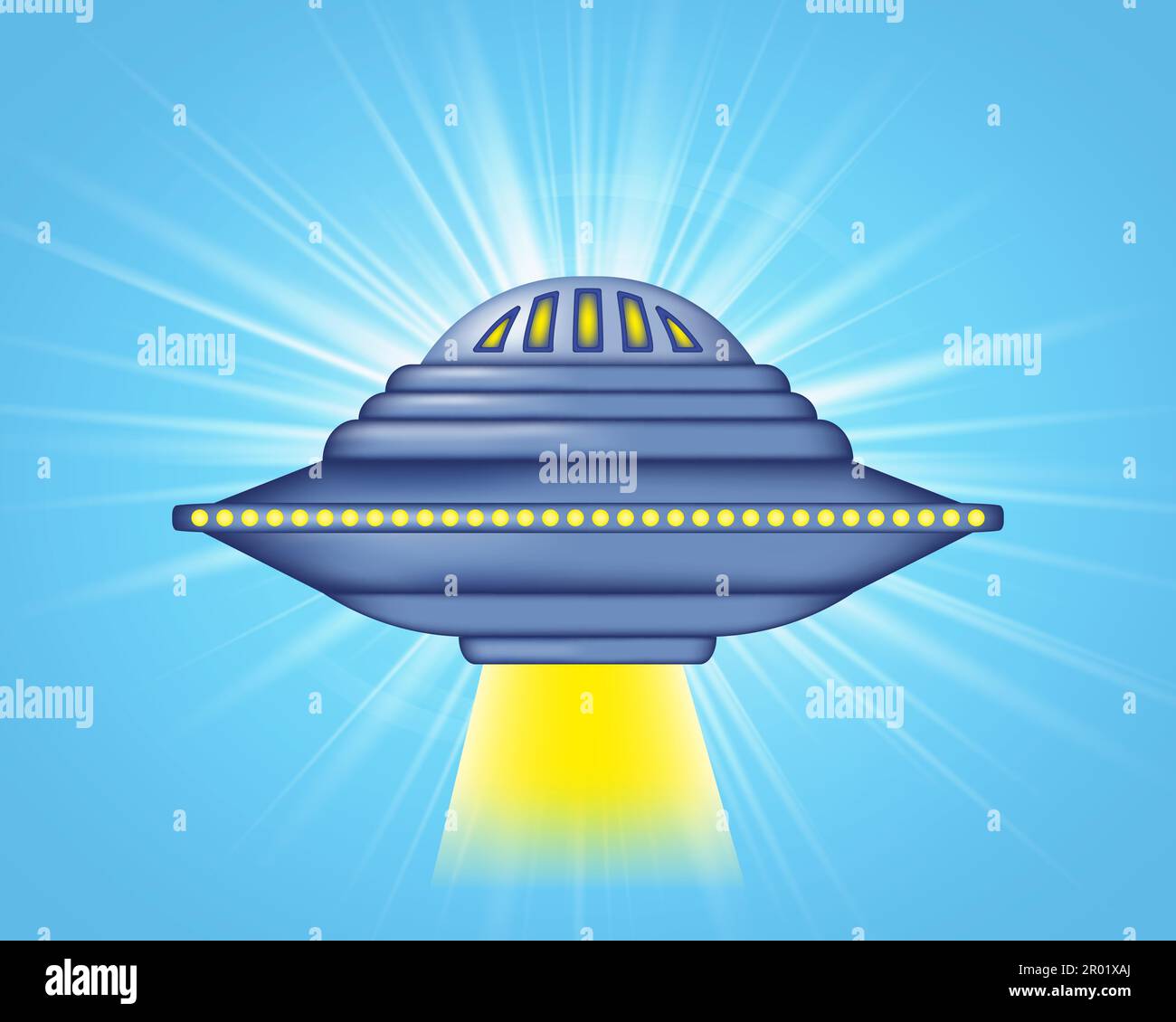 Spaceship alien UFO on a blue background of bright rays of light. Flying saucer with yellow lights in retro style. UFO vintage poster. Vector illustra Stock Vector
