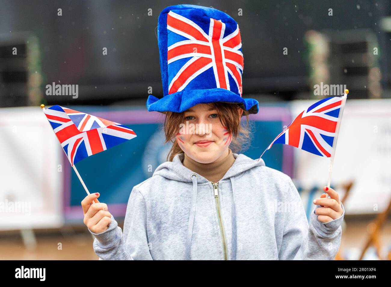 Coventry, West Midlands, UK. 6th May, 2023. People around the country came out to celebrate the coronation of King Charles III today. Twelve year old Gracie Griffin gets into the spirit of the day in Broadgate, Coventry City Centre. Credit: AG News/Alamy Live News Stock Photo