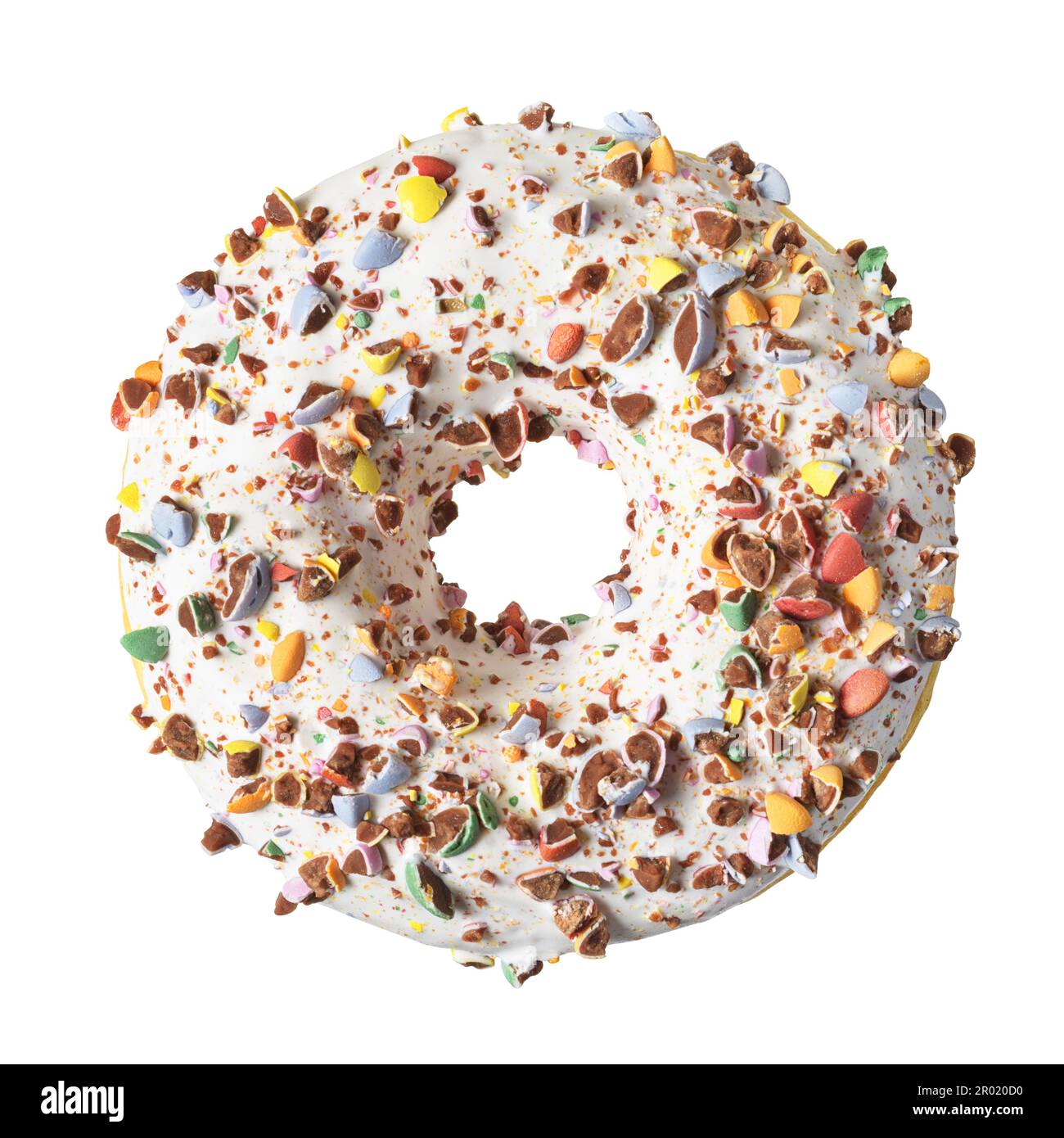 Donut with candy coated cracked chocolate chips sprinkles isolated on