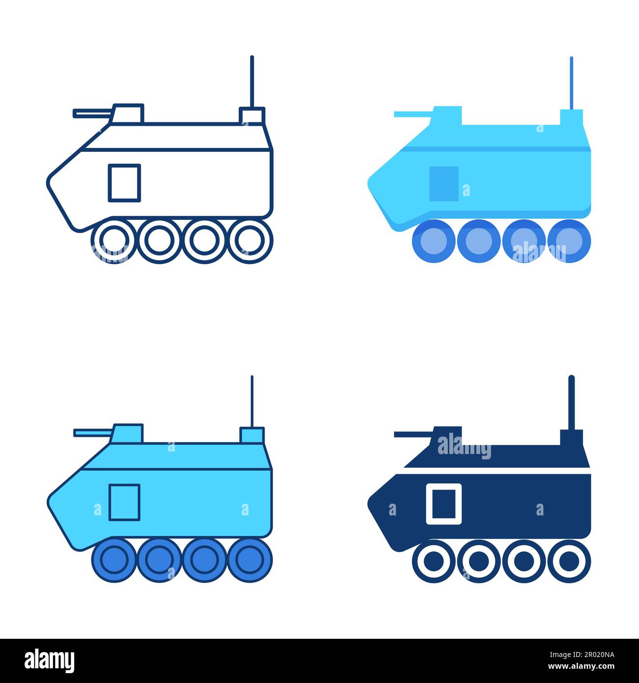 Combat vehicle icon set in flat and line style. Armored amphibious military vehicle. Vector illustration Stock Vector