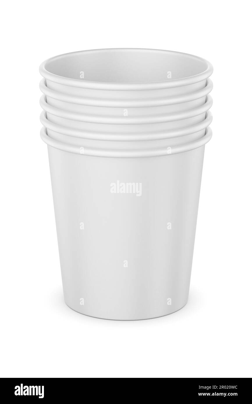 Stacks of white disposable paper cups isolated on white background. 3d rendering illustration