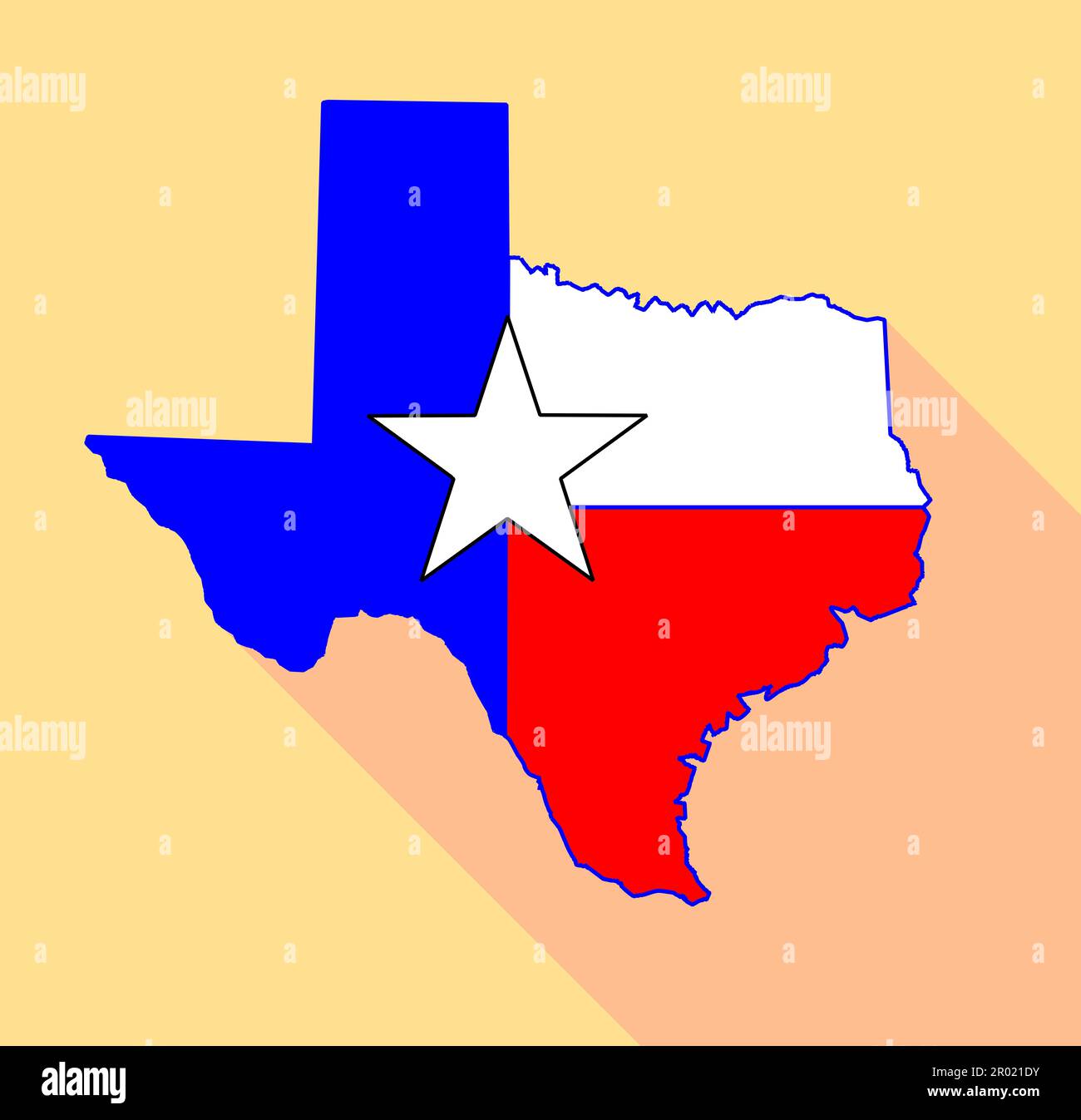 Outline map of Texas in red white and blue with the lone star motif and