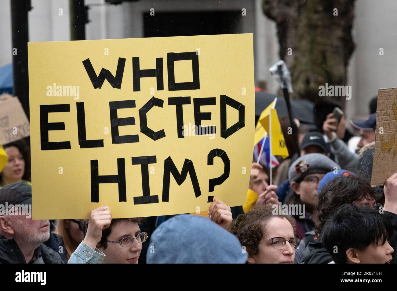 London, UK. 6 May, 2023. Anti-monarchy protesters organised by Republic stage a 'Not My King' rally on the day of the Coronation of King Charles III. Credit: Ron Fassbender/Alamy Live News Stock Photo