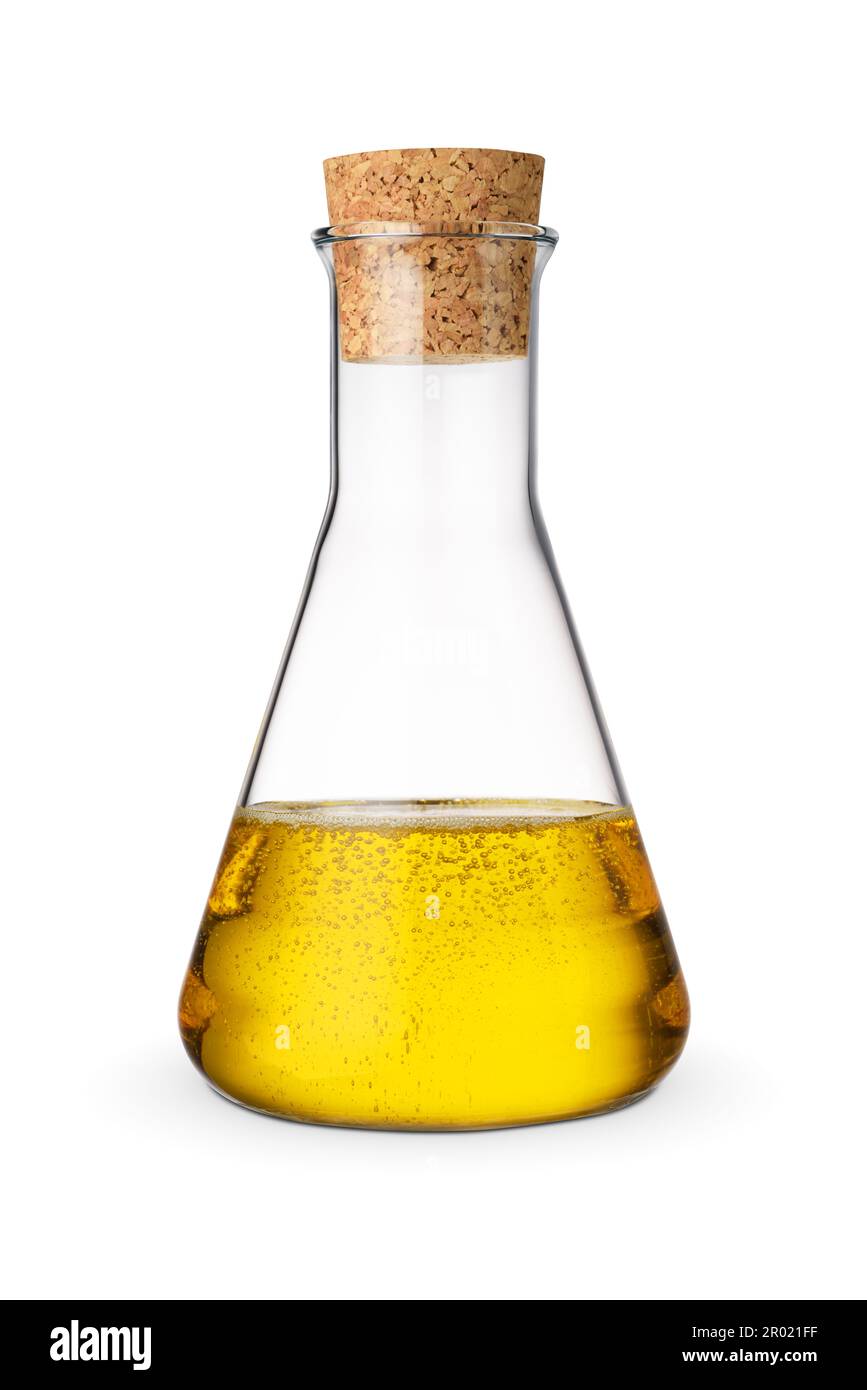 Unrefined sunflower oil in glass bottle or container with cork isolated