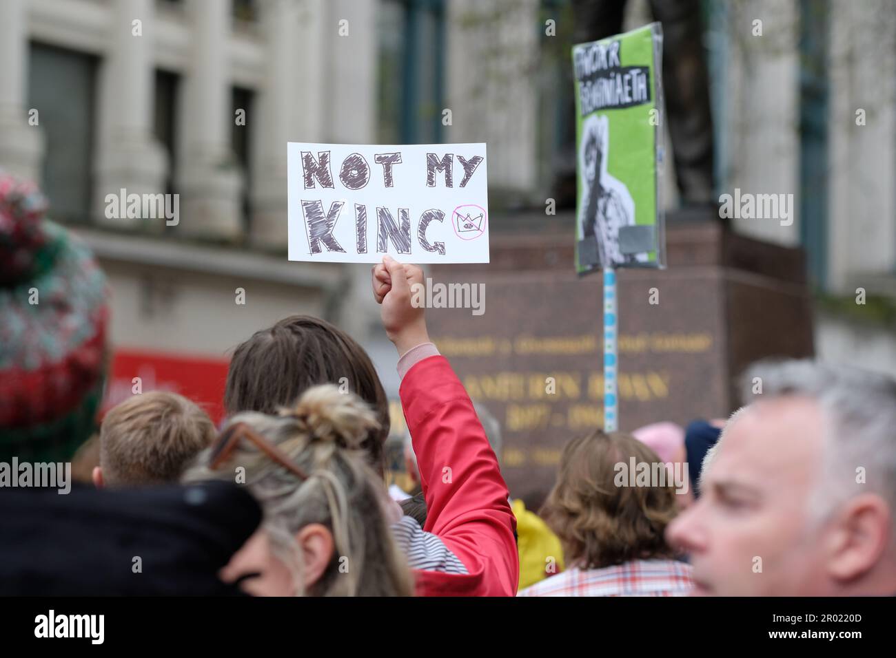 Cardiff, Wales, UK – Saturday 6th May 2023 – Not My King anti monarchist and pro republican protesters protesting in central Cardiff shortly after the coronation of King Charles III in London. Photo Steven May / Alamy Live News Stock Photo