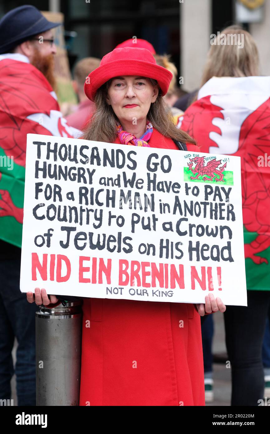 Cardiff, Wales, UK – Saturday 6th May 2023 – Anti monarchist and pro republican protesters protesting in central Cardiff shortly after the coronation of King Charles III in London. Photo Steven May / Alamy Live News Stock Photo