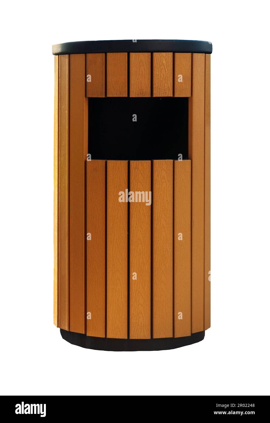 Isolated new wooden trash can in city park. Stock Photo