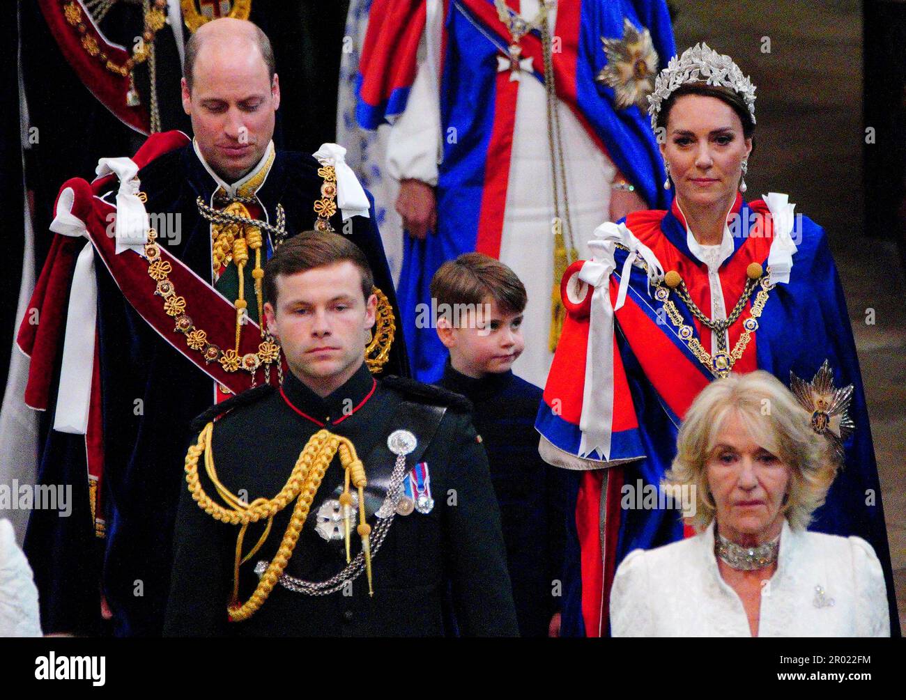The Prince of Wales, Prince Louis and the Princess of Wales leave Westminster Abbey in central London, following King Charles III's coronation ceremony. Picture date: Saturday May 6, 2023. Stock Photo