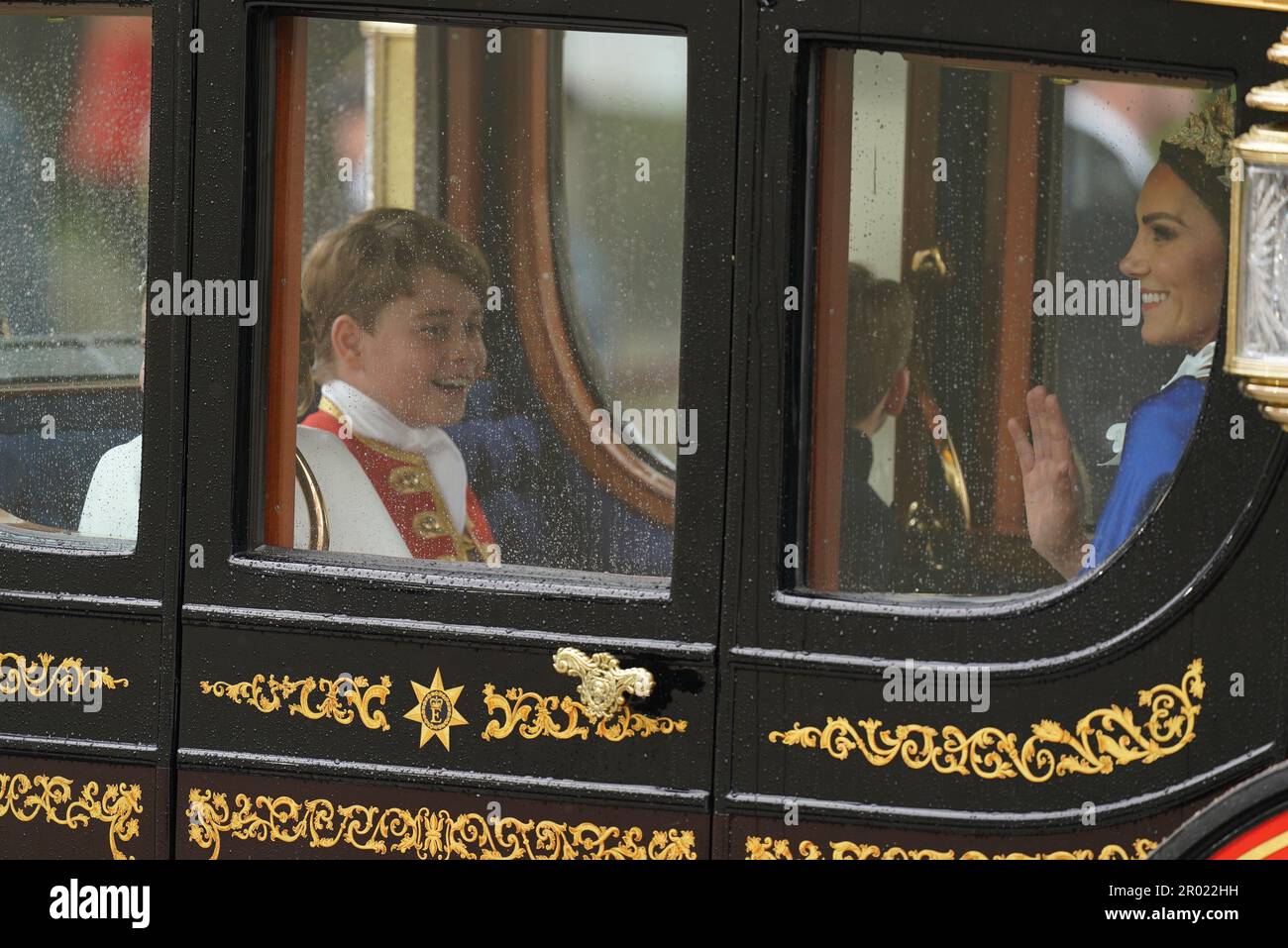 The Princess of Wales and Prince George return to Buckingham Palace by coach following the coronation ceremony of King Charles III and Queen Camilla in central London. Picture date: Saturday May 6, 2023. Stock Photo
