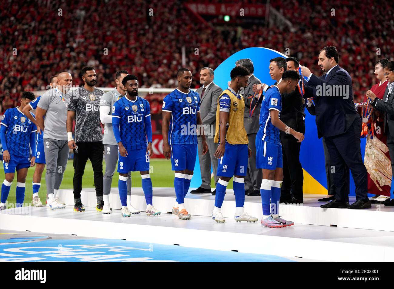 Players of Saudi Arabia's Al Hilal receive the runner-up medals during the  award ceremony after the AFC Champions League final match at Saitama  Stadium in Saitama, near Tokyo, Saturday, May 6, 2023.