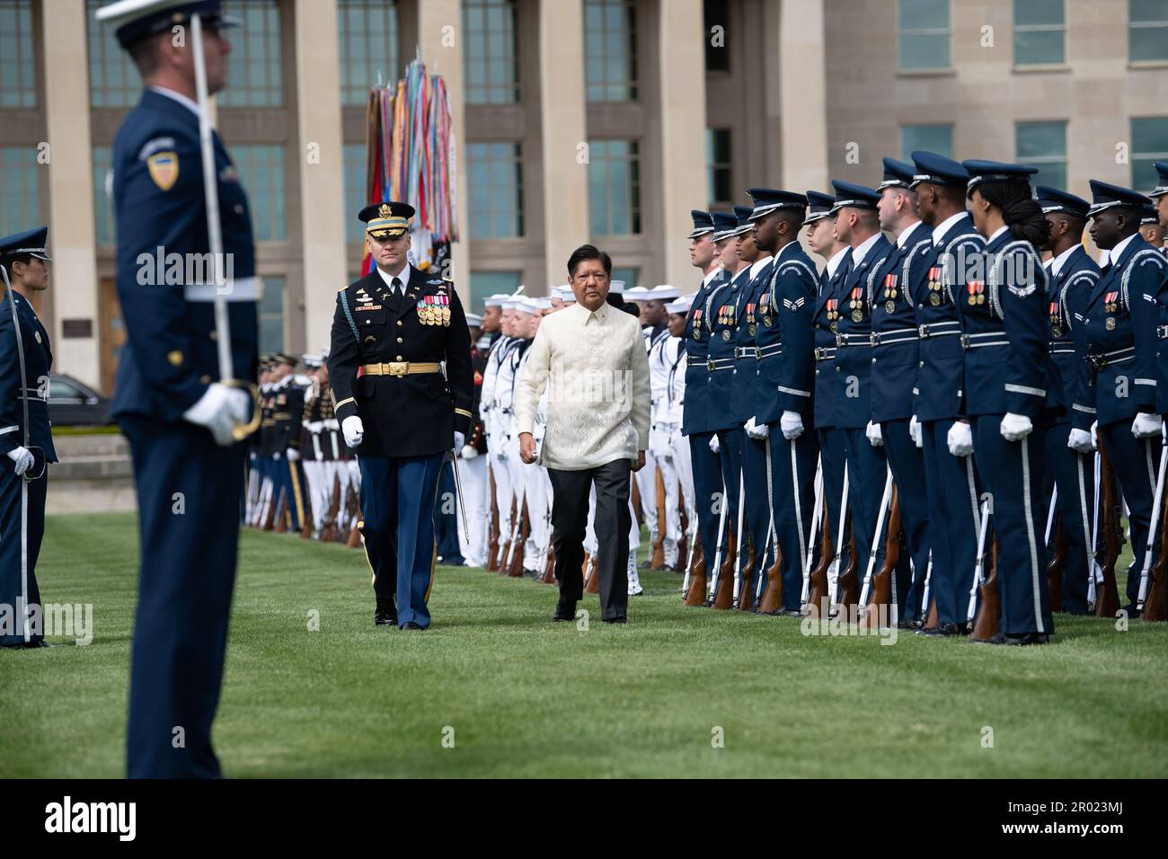 Arlington, United States of America. 03 May, 2023. Philippine President Ferdinand Marcos Jr. reviews the Pentagon honor guard during a full honors arrival ceremony at the Pentagon, May 3, 2023 in Arlington, Virginia.  Credit: Sgt. XaViera Masline/DOD/Alamy Live News Stock Photo
